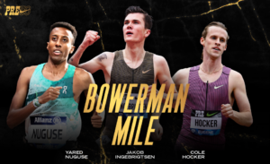 Promotional graphic for the Bowerman Mile at the 2025 Pre Classic, featuring three male runners: Yared Nuguse on the left wearing a turquoise and white kit, Jakob Ingebrigtsen in the center in a black and gold Nike outfit, and Cole Hocker on the right in a maroon Nike kit. Their names are listed below their images, and the text 'BOWERMAN MILE' is prominently displayed in the center. The background is black with gold lightning-like streaks.