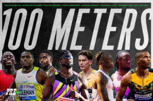 Graphic featuring all eight competitors in the Men’s 100m. “Men’s 100m” appears in large white text across the center, with the athletes’ names listed in green text along the top of the graphic.