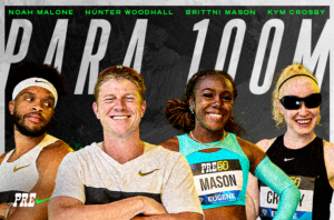 Athletes Noah Malone, Hunter Woodhall, Brittni Mason, and Kym Crosby, who are set to compete in the men's and women's Para 100m races at the 2026 Prefontaine Classic.