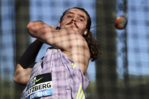 Ethan Katzberg competing in the Men's Hammer Throw at the 2026 Prefontaine Classic
